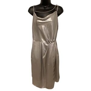 HM Metallic Silver Cowl Neck Slip Dress Womens 12 Satin Wrap Front Cocktail